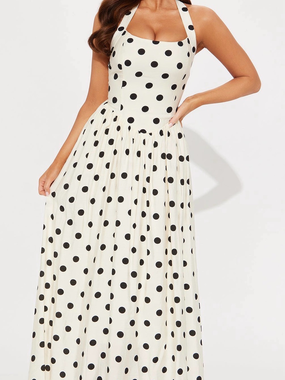 Fashion Nova Cream Polka Dot Halter Maxi Dress